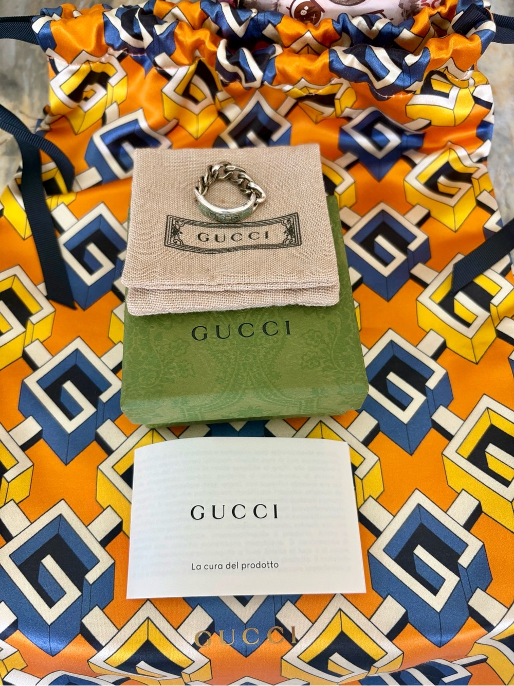 AUTHENTIC GUCCI Plate Ring RARE SET Teal 925 Silver Sz 9 Turquoise Green Inlay - Picture 7 of 10
